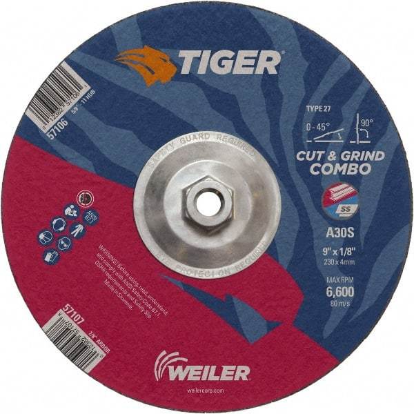 Weiler - 30 Grit, 9" Wheel Diam, 1/8" Wheel Thickness, Type 27 Depressed Center Wheel - Medium Grade, Aluminum Oxide, Resinoid Bond, S Hardness, 6,600 Max RPM - Benchmark Tooling