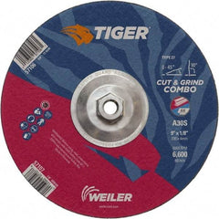 Weiler - 30 Grit, 9" Wheel Diam, 1/8" Wheel Thickness, Type 27 Depressed Center Wheel - Medium Grade, Aluminum Oxide, Resinoid Bond, S Hardness, 6,600 Max RPM - Benchmark Tooling