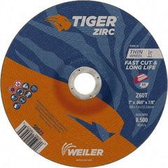 Weiler - 60 Grit, 7" Wheel Diam, 7/8" Arbor Hole, Type 27 Depressed Center Wheel - Medium Grade, Zirconia Alumina, Resinoid Bond, T Hardness, 8,500 Max RPM - Benchmark Tooling