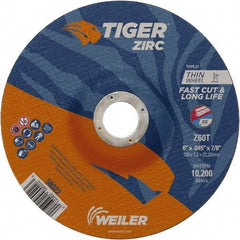 Weiler - 60 Grit, 6" Wheel Diam, 7/8" Arbor Hole, Type 27 Depressed Center Wheel - Medium Grade, Zirconia Alumina, Resinoid Bond, T Hardness, 10,200 Max RPM - Benchmark Tooling