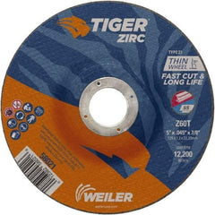 Weiler - 60 Grit, 5" Wheel Diam, 7/8" Arbor Hole, Type 27 Depressed Center Wheel - Medium Grade, Zirconia Alumina, Resinoid Bond, T Hardness, 12,200 Max RPM - Benchmark Tooling