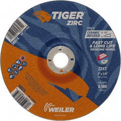 Weiler - 24 Grit, 7" Wheel Diam, 1/4" Wheel Thickness, 7/8" Arbor Hole, Type 27 Depressed Center Wheel - Coarse Grade, Zirconia Alumina, Resinoid Bond, T Hardness, 8,500 Max RPM - Benchmark Tooling
