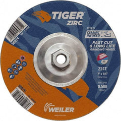 Weiler - 24 Grit, 7" Wheel Diam, 1/4" Wheel Thickness, Type 27 Depressed Center Wheel - Coarse Grade, Zirconia Alumina, Resinoid Bond, T Hardness, 8,500 Max RPM - Benchmark Tooling