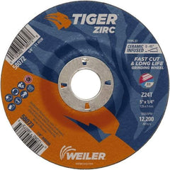 Weiler - 24 Grit, 5" Wheel Diam, 1/4" Wheel Thickness, 7/8" Arbor Hole, Type 27 Depressed Center Wheel - Coarse Grade, Zirconia Alumina, Resinoid Bond, T Hardness, 12,200 Max RPM - Benchmark Tooling