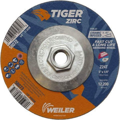 Weiler - 24 Grit, 5" Wheel Diam, 1/4" Wheel Thickness, Type 27 Depressed Center Wheel - Coarse Grade, Zirconia Alumina, Resinoid Bond, T Hardness, 12,200 Max RPM - Benchmark Tooling