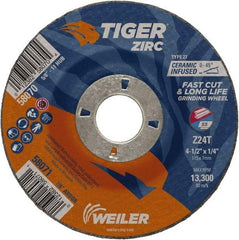 Weiler - 24 Grit, 4-1/2" Wheel Diam, 1/4" Wheel Thickness, 7/8" Arbor Hole, Type 27 Depressed Center Wheel - Coarse Grade, Zirconia Alumina, Resinoid Bond, T Hardness, 13,300 Max RPM - Benchmark Tooling