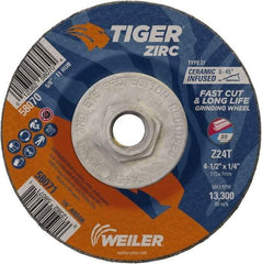 Weiler - 24 Grit, 4-1/2" Wheel Diam, 1/4" Wheel Thickness, Type 27 Depressed Center Wheel - Coarse Grade, Zirconia Alumina, Resinoid Bond, T Hardness, 13,300 Max RPM - Benchmark Tooling