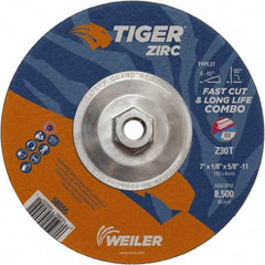 Weiler - 30 Grit, 7" Wheel Diam, 1/8" Wheel Thickness, Type 27 Depressed Center Wheel - Medium Grade, Zirconia Alumina, Resinoid Bond, T Hardness, 8,500 Max RPM - Benchmark Tooling