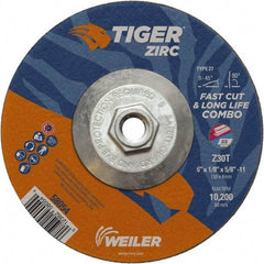 Weiler - 30 Grit, 6" Wheel Diam, 1/8" Wheel Thickness, Type 27 Depressed Center Wheel - Medium Grade, Zirconia Alumina, Resinoid Bond, T Hardness, 10,200 Max RPM - Benchmark Tooling