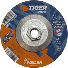 Weiler - 30 Grit, 5" Wheel Diam, 1/8" Wheel Thickness, Type 27 Depressed Center Wheel - Medium Grade, Zirconia Alumina, Resinoid Bond, T Hardness, 12,200 Max RPM - Benchmark Tooling