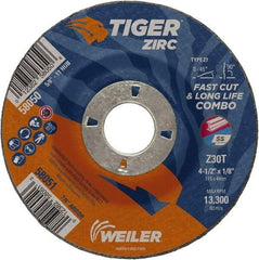 Weiler - 30 Grit, 4-1/2" Wheel Diam, 1/8" Wheel Thickness, 7/8" Arbor Hole, Type 27 Depressed Center Wheel - Medium Grade, Zirconia Alumina, Resinoid Bond, T Hardness, 13,300 Max RPM - Benchmark Tooling
