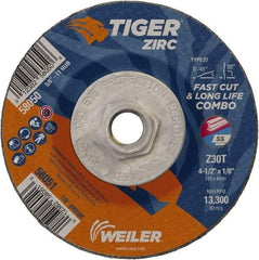 Weiler - 30 Grit, 4-1/2" Wheel Diam, 1/8" Wheel Thickness, Type 27 Depressed Center Wheel - Medium Grade, Zirconia Alumina, Resinoid Bond, T Hardness, 13,300 Max RPM - Benchmark Tooling