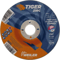 Weiler - 30 Grit, 5" Wheel Diam, 1/8" Wheel Thickness, 7/8" Arbor Hole, Type 27 Depressed Center Wheel - Medium Grade, Zirconia Alumina, Resinoid Bond, T Hardness, 12,200 Max RPM - Benchmark Tooling