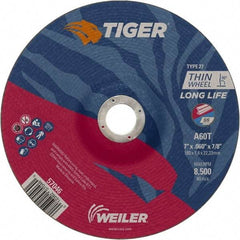 Weiler - 60 Grit, 7" Wheel Diam, 7/8" Arbor Hole, Type 27 Depressed Center Wheel - Medium Grade, Aluminum Oxide, Resinoid Bond, T Hardness, 8,500 Max RPM - Benchmark Tooling