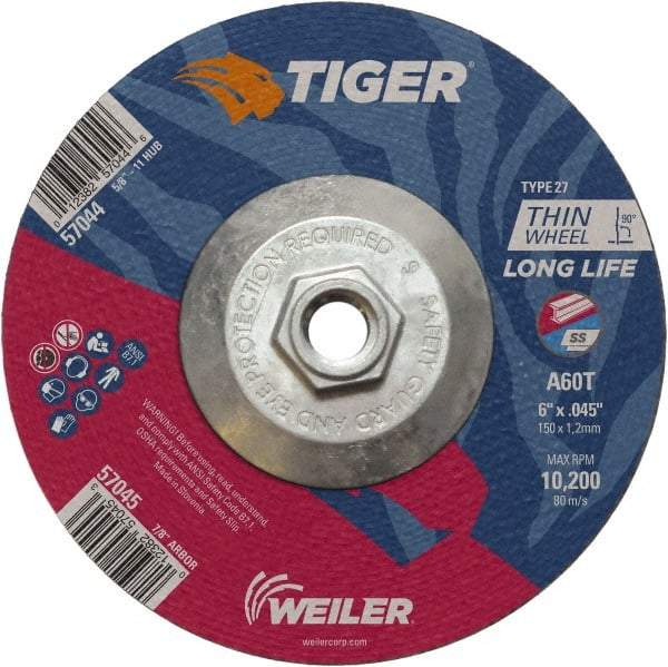 Weiler - 60 Grit, 6" Wheel Diam, Type 27 Depressed Center Wheel - Medium Grade, Aluminum Oxide, Resinoid Bond, T Hardness, 10,200 Max RPM - Benchmark Tooling
