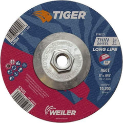 Weiler - 60 Grit, 6" Wheel Diam, Type 27 Depressed Center Wheel - Medium Grade, Aluminum Oxide, Resinoid Bond, T Hardness, 10,200 Max RPM - Benchmark Tooling