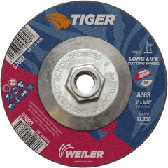 Weiler - 60 Grit, 5" Wheel Diam, 3/32" Wheel Thickness, Type 27 Depressed Center Wheel - Medium Grade, Aluminum Oxide, Resinoid Bond, T Hardness, 12,200 Max RPM - Benchmark Tooling