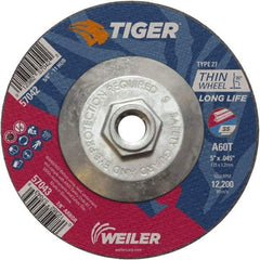 Weiler - 60 Grit, 5" Wheel Diam, Type 27 Depressed Center Wheel - Medium Grade, Aluminum Oxide, Resinoid Bond, T Hardness, 12,200 Max RPM - Benchmark Tooling