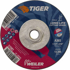 Weiler - 60 Grit, 4-1/2" Wheel Diam, 3/32" Wheel Thickness, Type 27 Depressed Center Wheel - Medium Grade, Aluminum Oxide, Resinoid Bond, T Hardness, 13,300 Max RPM - Benchmark Tooling