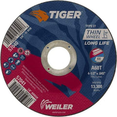 Weiler - 60 Grit, 4-1/2" Wheel Diam, Type 27 Depressed Center Wheel - Medium Grade, Aluminum Oxide, Resinoid Bond, T Hardness, 13,300 Max RPM - Benchmark Tooling