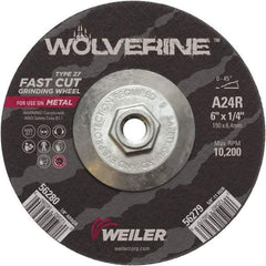 Weiler - 24 Grit, 6" Wheel Diam, 1/4" Wheel Thickness, Type 27 Depressed Center Wheel - Coarse Grade, Aluminum Oxide, Resinoid Bond, R Hardness, 10,200 Max RPM - Benchmark Tooling