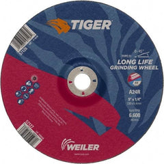 Weiler - 24 Grit, 9" Wheel Diam, 1/4" Wheel Thickness, 7/8" Arbor Hole, Type 27 Depressed Center Wheel - Coarse Grade, Aluminum Oxide, Resinoid Bond, R Hardness, 6,600 Max RPM - Benchmark Tooling
