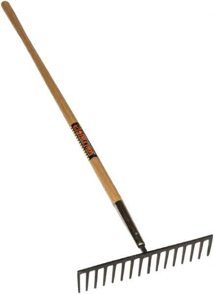 SEYMOUR-MIDWEST - Stone Rake with 62" Straight Wood Handle - 1/2" Blade Width, 16 Tines, 3-1/2" Tine Length - Benchmark Tooling