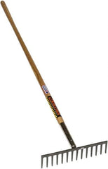 SEYMOUR-MIDWEST - Stone Rake with 66" Straight Wood Handle - 1/2" Blade Width, 14 Tines, 3-1/2" Tine Length - Benchmark Tooling