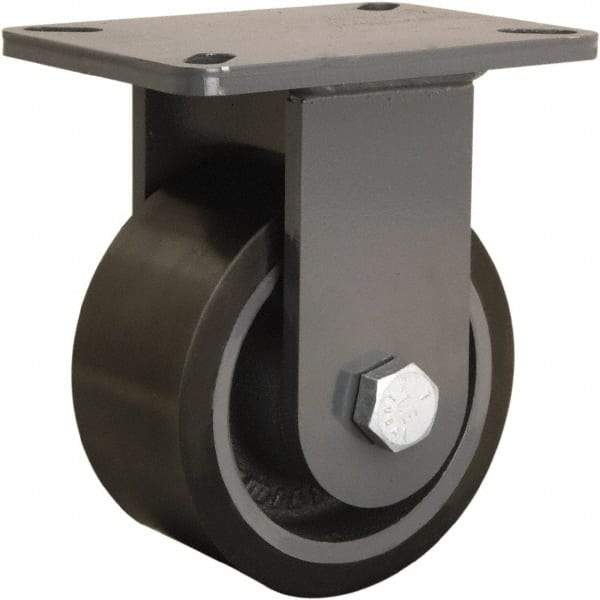 Hamilton - 6" Diam x 3" Wide x 8" OAH Top Plate Mount Rigid Caster - Polyurethane Mold onto Cast Iron Center, 2,860 Lb Capacity, Tapered Roller Bearing, 5-1/4 x 7-1/4" Plate - Benchmark Tooling