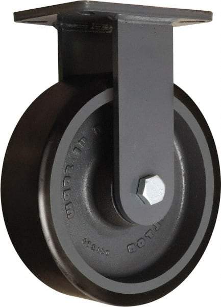 Hamilton - 10" Diam x 3" Wide x 12-1/2" OAH Top Plate Mount Rigid Caster - Polyurethane Mold onto Cast Iron Center, 3,900 Lb Capacity, Tapered Roller Bearing, 5-1/4 x 7-1/4" Plate - Benchmark Tooling