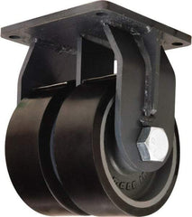 Hamilton - 10" Diam x 3" Wide x 13" OAH Top Plate Mount Dual Rigid Caster - Polyurethane Mold onto Cast Iron Center, 7,800 Lb Capacity, Tapered Roller Bearing, 8-1/2 x 8-1/2" Plate - Benchmark Tooling