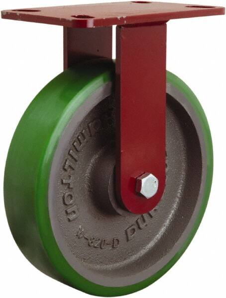 Hamilton - 8" Diam x 2" Wide x 9-3/4" OAH Top Plate Mount Rigid Caster - Polyurethane Mold onto Cast Iron Center, 1,500 Lb Capacity, Tapered Roller Bearing, 4-1/2 x 6-1/2" Plate - Benchmark Tooling