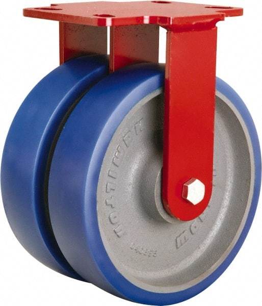 Hamilton - 8" Diam x 2" Wide x 9-3/4" OAH Top Plate Mount Rigid Caster - Polyurethane Mold onto Cast Iron Center, 2,400 Lb Capacity, Tapered Roller Bearing, 4-1/2 x 6-1/2" Plate - Benchmark Tooling