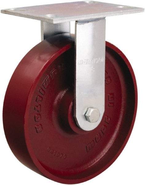 Hamilton - 8" Diam x 2" Wide x 9-1/2" OAH Top Plate Mount Rigid Caster - Cast Iron, 1,250 Lb Capacity, Sealed Precision Ball Bearing, 4-1/2 x 6-1/4" Plate - Benchmark Tooling