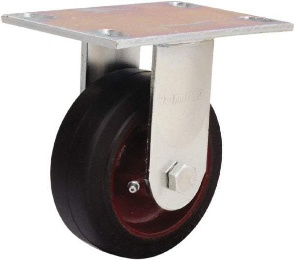 Hamilton - 5" Diam x 2" Wide x 6-1/2" OAH Top Plate Mount Rigid Caster - Rubber Mold on Cast Iron, 350 Lb Capacity, Straight Roller Bearing, 4-1/2 x 6-1/4" Plate - Benchmark Tooling