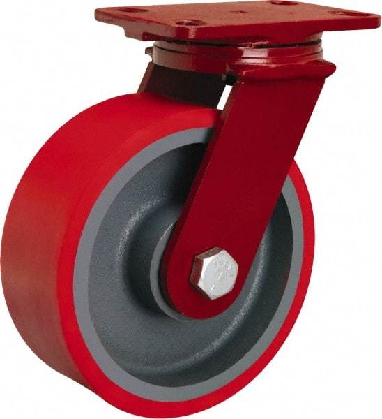 Hamilton - 8" Diam x 3" Wide x 10-1/8" OAH Top Plate Mount Swivel Caster - Polyurethane Mold onto Cast Iron Center, 2,200 Lb Capacity, Sealed Precision Ball Bearing, 4-1/2 x 6-1/2" Plate - Benchmark Tooling