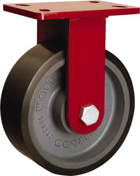 Hamilton - 8" Diam x 3" Wide x 10-1/8" OAH Top Plate Mount Rigid Caster - Polyurethane Mold onto Cast Iron Center, 3,250 Lb Capacity, Sealed Precision Ball Bearing, 5 x 7" Plate - Benchmark Tooling