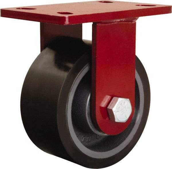 Hamilton - 6" Diam x 3" Wide x 7-1/2" OAH Top Plate Mount Rigid Caster - Polyurethane Mold onto Cast Iron Center, 2,200 Lb Capacity, Tapered Roller Bearing, 5 x 7" Plate - Benchmark Tooling