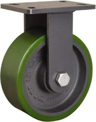 Hamilton - 8" Diam x 3" Wide x 10-1/4" OAH Top Plate Mount Rigid Caster - Polyurethane Mold onto Cast Iron Center, 2,400 Lb Capacity, Tapered Roller Bearing, 5 x 7" Plate - Benchmark Tooling