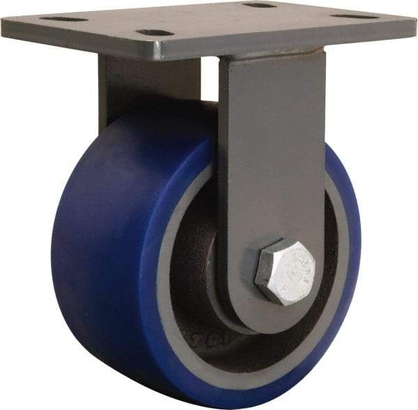 Hamilton - 6" Diam x 3" Wide x 7-3/4" OAH Top Plate Mount Rigid Caster - Polyurethane Mold onto Cast Iron Center, 1,800 Lb Capacity, Tapered Roller Bearing, 5 x 7" Plate - Benchmark Tooling