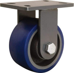 Hamilton - 6" Diam x 3" Wide x 7-3/4" OAH Top Plate Mount Rigid Caster - Polyurethane Mold onto Cast Iron Center, 1,800 Lb Capacity, Tapered Roller Bearing, 5 x 7" Plate - Benchmark Tooling