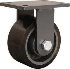 Hamilton - 6" Diam x 3" Wide x 7-3/4" OAH Top Plate Mount Rigid Caster - Polyurethane Mold onto Cast Iron Center, 2,200 Lb Capacity, Tapered Roller Bearing, 5 x 7" Plate - Benchmark Tooling