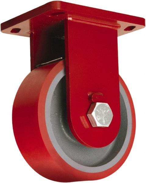 Hamilton - 10" Diam x 3" Wide x 12-1/2" OAH Top Plate Mount Rigid Caster - Polyurethane Mold onto Cast Iron Center, 3,600 Lb Capacity, Tapered Roller Bearing, 6-1/2 x 7-1/2" Plate - Benchmark Tooling