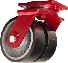 Hamilton - 6" Diam x 3" Wide x 8-1/2" OAH Top Plate Mount Dual Swivel Caster - Polyurethane Mold onto Cast Iron Center, 5,720 Lb Capacity, Sealed Precision Ball Bearing, 6-1/8 x 7-1/2" Plate - Benchmark Tooling