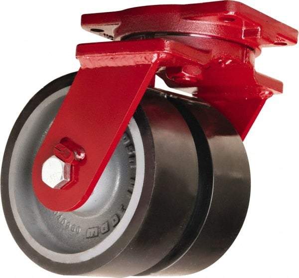Hamilton - 6" Diam x 3" Wide x 8-1/2" OAH Top Plate Mount Dual Swivel Caster - Polyurethane Mold onto Cast Iron Center, 5,720 Lb Capacity, Tapered Roller Bearing, 6-1/8 x 7-1/2" Plate - Benchmark Tooling