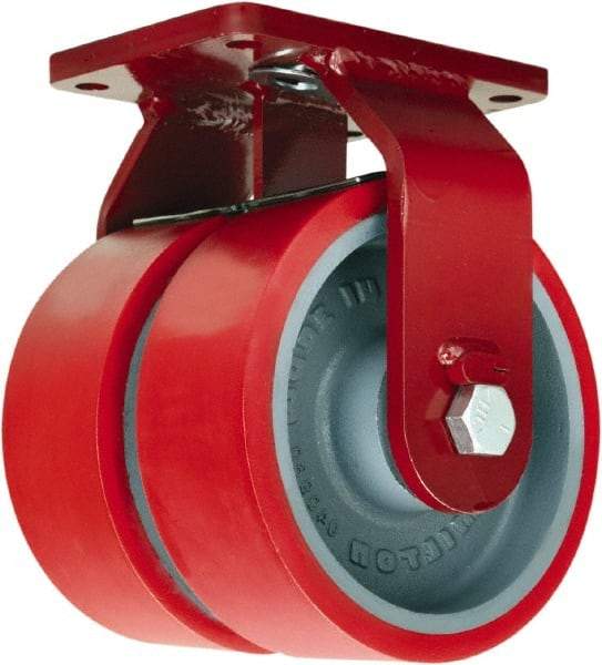 Hamilton - 8" Diam x 3" Wide x 10-1/2" OAH Top Plate Mount Dual Rigid Caster - Polyurethane Mold onto Cast Iron Center, 6,000 Lb Capacity, Tapered Roller Bearing, 5-1/2 x 7-1/2" Plate - Benchmark Tooling