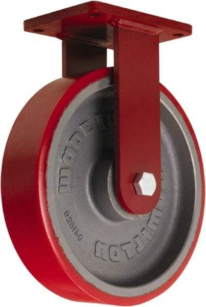 Hamilton - 12" Diam x 3" Wide x 14-1/2" OAH Top Plate Mount Rigid Caster - Polyurethane Mold onto Cast Iron Center, 4,200 Lb Capacity, Tapered Roller Bearing, 5-1/2 x 7-1/2" Plate - Benchmark Tooling