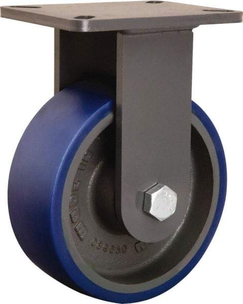 Hamilton - 8" Diam x 3" Wide x 10-1/2" OAH Top Plate Mount Rigid Caster - Polyurethane Mold onto Cast Iron Center, 2,000 Lb Capacity, Sealed Precision Ball Bearing, 5-1/4 x 7-1/4" Plate - Benchmark Tooling