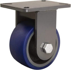 Hamilton - 6" Diam x 3" Wide x 8" OAH Top Plate Mount Rigid Caster - Polyurethane Mold onto Cast Iron Center, 1,800 Lb Capacity, Precision Tapered Roller Bearing, 5-1/4 x 7-1/4" Plate - Benchmark Tooling