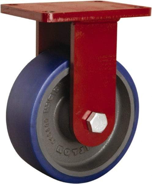 Hamilton - 8" Diam x 3" Wide x 10-1/2" OAH Top Plate Mount Rigid Caster - Polyurethane Mold onto Cast Iron Center, 2,000 Lb Capacity, Precision Tapered Roller Bearing, 5-1/2 x 7-1/2" Plate - Benchmark Tooling